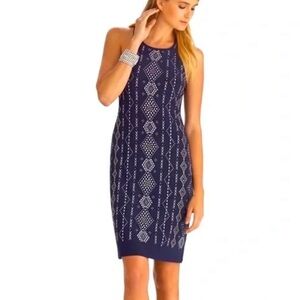 WHBM Embellished Navy Dress Bodycon Patterned Dress Sz XS